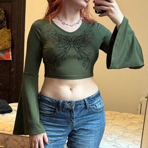 Urban Outfitters Olive Green Bell Sleeve Cropped Top with Butterfly Print